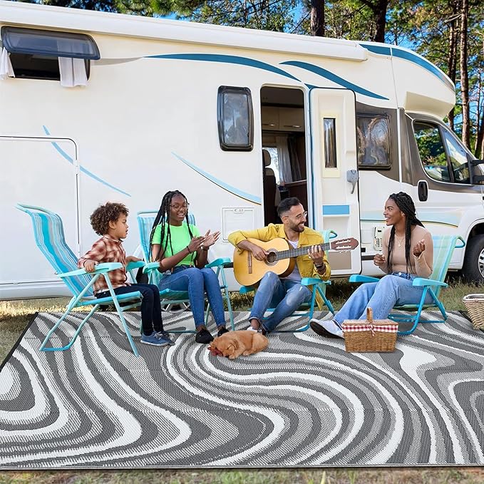 Outdoor Rug 5x8 Waterproof Patio Rugs Modern Abstarct Reversible Mat for Front Door Rv Foldable Plastic Straw Carpet for Travel Trailers, Deck, Porch, Camper, Balcony, Beach，Black/Grey