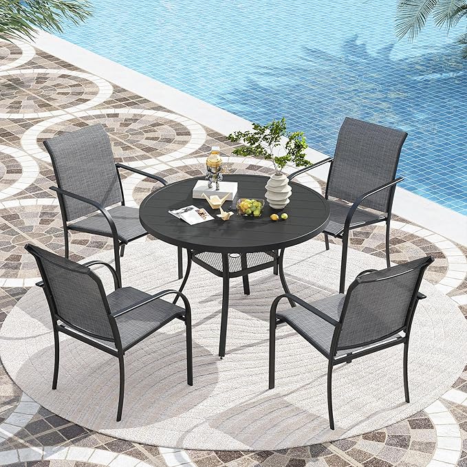 VICLLAX Patio Stackable Dining Chairs Set for 4, Outdoor Sling Chairs with Metal Frame for Front Porch Balcony Backyard Garden and Deck, Black Grey