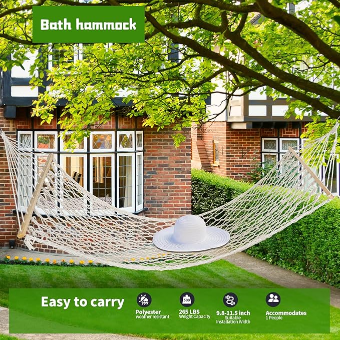 Hammocks Double Rope Hammock,Portable HandwovenTraditional Cotton Rope1 Person Hammock,with Spreader Bar,for Suitable for Patio, Beach, Garden(Blue)