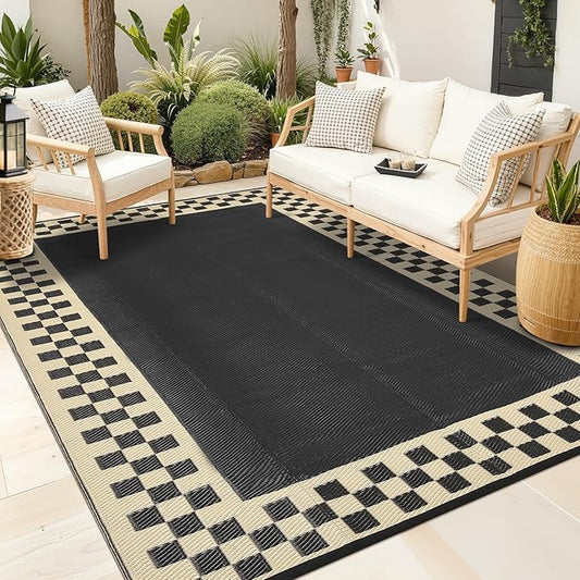 Garvee 8x10 Outdoor Waterproof Rug Reversible Modern Geometric Neutral Outdoor Patio Rug, Weather Resistant Plastic Straw Rugs Portable Camping Carpet for Garden Backyard Balcony, Black & Beige