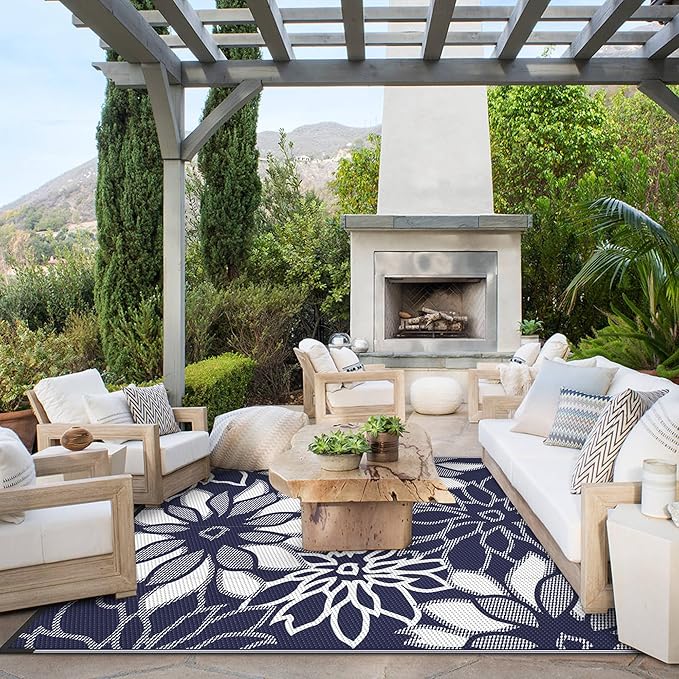 GENIMO Outdoor Rug Waterproof for Patio Decor, 5' x 8' Reversible Plastic Straw Floral Camping Carpet, Large Area Rugs Mats for RV, Camper, Deck, Balcony, Porch, Beach, Picnic, Blue & White
