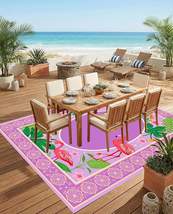 Double Layer 3D Border Design Flamingo Tropical Flower Outdoor Rug for Patio Deck Balcony Porch Garden Pool RV Camping Watepproof Easy Clean Outside Carpet Pink Lavender Green 7x14