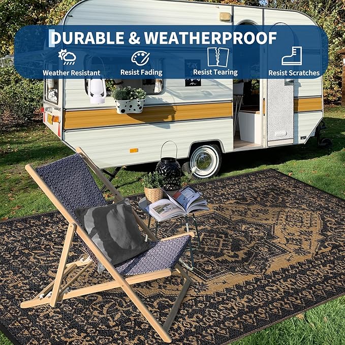 COZYLOOM Outdoor Plastic Straw Rug 9x18 Waterproof Reversible Plastic Straw Mat, Large Patio Rugs Vintage Medallion Area Rug for Deck, Balcony, Camping, Beach, Picnic, Indoor/Outdoor Use