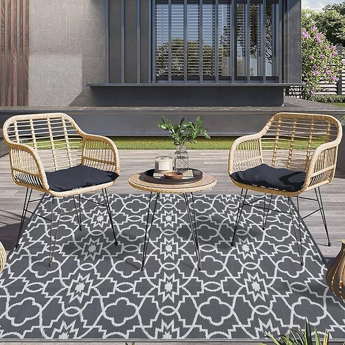 GAOMON Outdoor Rug Waterproof 8x10 Modern Camping Carpet for Patio, UV-Resistant Outdoor Plastic Straw Rug, Geometric Floral Reversible Floor Mats for Picnic, Porch, Deck, Beach, Grey/White(Floral)