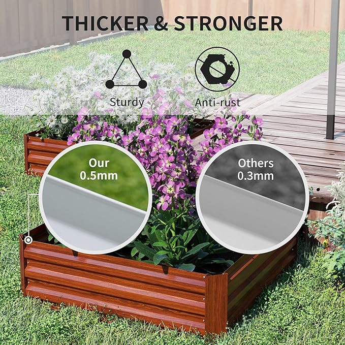Outsunny 2 Piece Galvanized Raised Garden Bed, 3.3' x 3.3' x 1' Metal Planter Box for Growing Vegetables, Flowers, Herbs, Succulents, Dark Brown