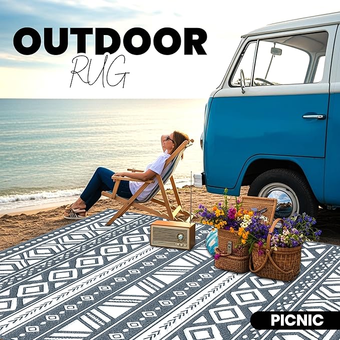 Utopia Home Waterproof Outdoor Rug for Patio 6 x 9 ft, Reversible Plastic Straw Mat for Camping, Picnics, Balcony, Patio, Aztec - Grey & Light Grey