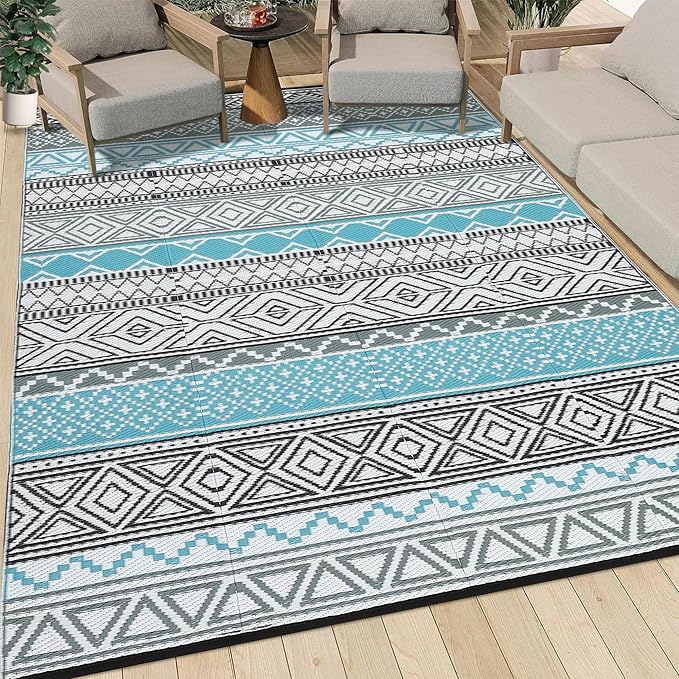 GarveeLife Outdoor Rug 8x10 Waterproof Plastic Straw Reversible Rug Modern Geometric Floor Mat for Outdoors, UV Resistant Foldable Portable Carpet for RV, Deck, Picnic, Blue & Grey