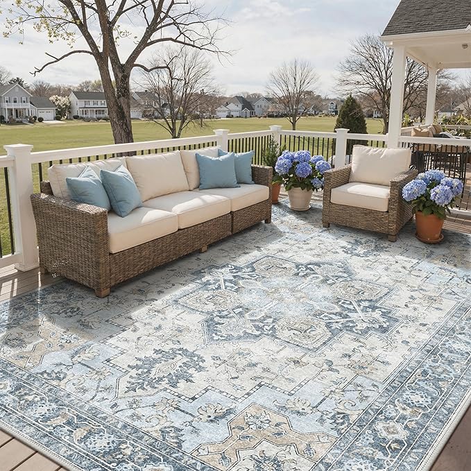 GENIMO Outdoor & Indoor Area Rug 10'x14', Waterproof, Non-Shedding, Easy Cleaning, Boho Mat for Patio, Living Room, Balcony, Dining Room, RV, Deck, Bedroom, Camping, Outside Carpet,Blue