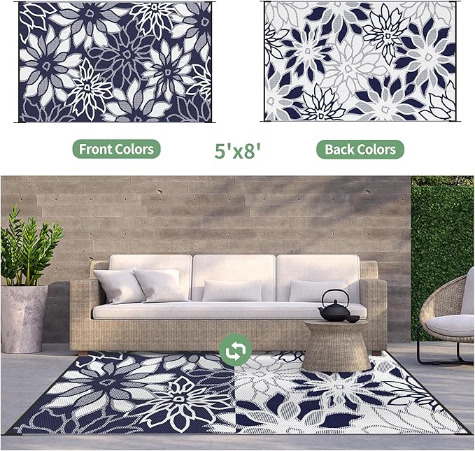 GENIMO Outdoor Rug Waterproof for Patio Decor, 5' x 8' Reversible Plastic Straw Floral Camping Carpet, Large Area Rugs Mats for RV, Camper, Deck, Balcony, Porch, Beach, Picnic, Blue & White