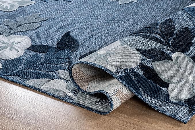 Outdoor Rug 6x9 Washable Area Rugs Indoor Outdoor Carpets Navy Border Floral Non Shedding Waterproof Easy Clean Patio Deck Porch Living Room Bedroom Garden RV (6 X 9 Navy)