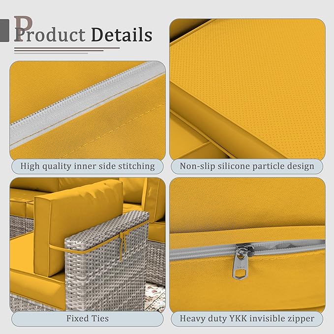 Outdoor Cushions for Patio Furniture with 5 Pillows, Waterproof Patio Furniture Cushions Replacement, 4" Deep Seat Outdoor Sectional Cushions for 4-seat Patio Furniture Chair Sofa Couch,Yellow