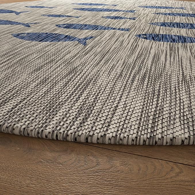 LR Home 8ft Round Indoor/Outdoor Area Rug for Home Decor | Coastal School of Fish Large Size Carpet for Living Room, Bedroom, Playroom, Patio, Garden | Nautical Farmhouse Rug | Gray/Navy