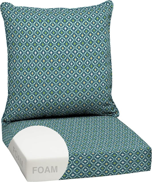 Arden Outdoor Foam Deep Seat Cushion Set, 24 in x 24 in, Weather-Proof, Rain-Proof, Fade Resistant Patio Cushion, Bottom and Back Cushion for Chair, Sofa, and Couch Alana Tile