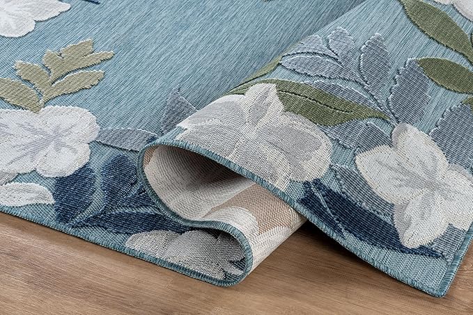 Outdoor Rug 5x7 Washable Area Rugs Indoor Outdoor Carpets Aqua Border Floral Non Shedding Waterproof Easy Clean Patio Deck Porch Living Room Bedroom Garden RV (5 X 7 Aqua)