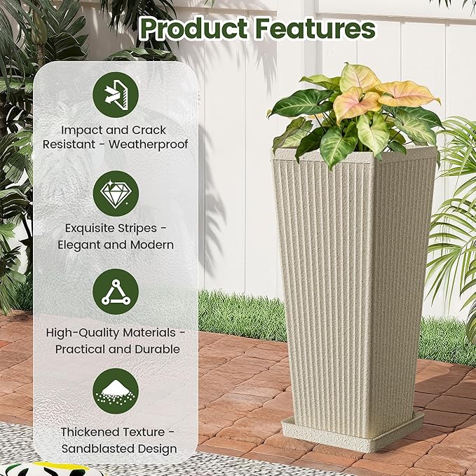 Tapered Tall Planters for Outdoor Plants 2 Pack- 23.6 Inch Heavy-Duty Classic Square Indoor Flower Pots with Drainage Holes/Partition/Tray, Large Outdoor Planters for Porch Patio, Beige