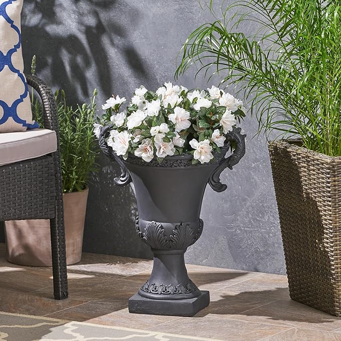 Merax 19.25'' Tall Elegant Roman Style Lightweight Concrete Planter with Botanical Accents, Square Indoor Outdoor Flower Pot with Drainage Hole & Stopper, Black