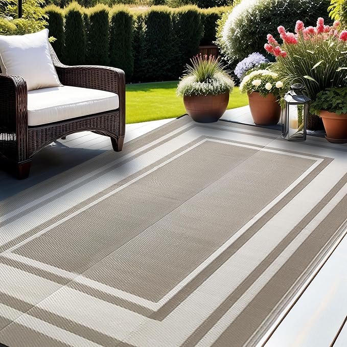 RURALITY Outdoor Rug 9x12 Feet Waterproof for Patio Clearance,Large Plastic Straw Mat for Camping,Porch,RV,Reversible, Easy to Clean,Light Coffee