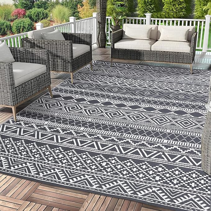 GarveeLife Outdoor Patio Rug 9x18 Waterproof Plastic Straw Rug, Reversible UV Resistant Foldable Camping Carpet Portable Outdoor Rug for Rv, Backyard, Grey & White