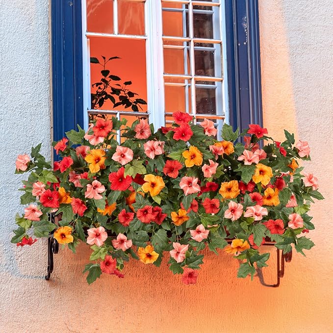 Artificial Fake Flowers for Outdoor Spring Decoration, 2PCS Faux Silk Petunias No Fade UV Resistant Flowers for Outside Garden Porch Yard Balcony Patio Realistic Indoor Decor(Orange)