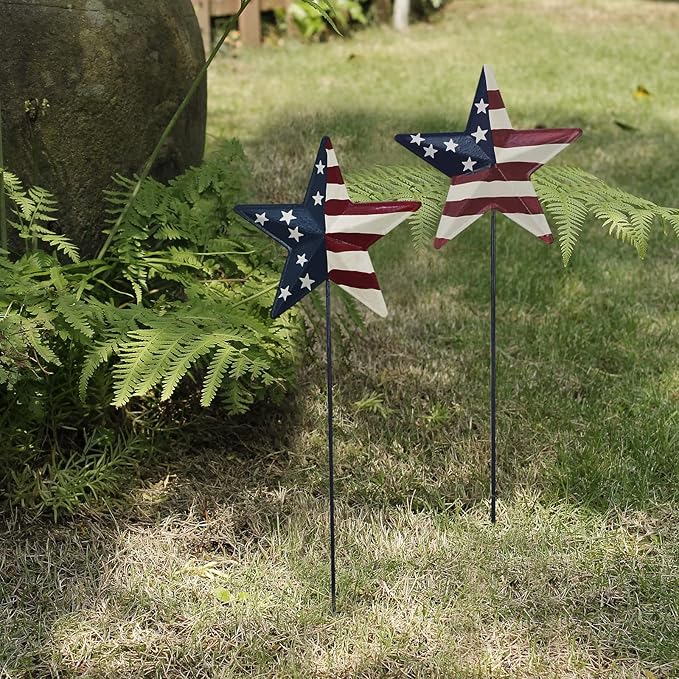 6set Metal Barn Star Yard Sign Planter Stake Outdoor Lawn Decor, Patriotic US Flag Star Barn Garden Signs for Walkway Pathway Planter Pot Decorative Outdoor Stake July 4th Veterans Day Party Supplies