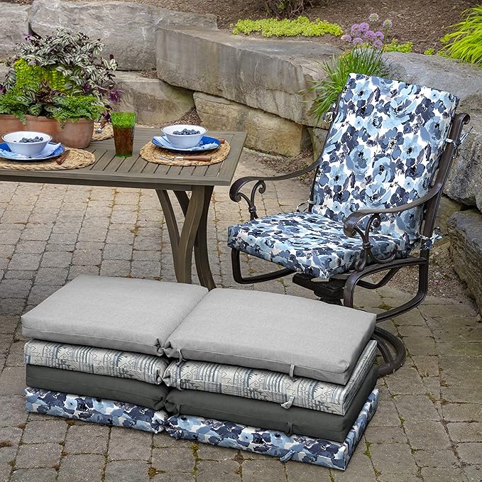 Arden 2-Pack Outdoor Patio Dining Chair Cushion, 20x44, Rain-Proof Seat Pad, Fade-Resistant Outdoor Cushion Blue Garden Floral