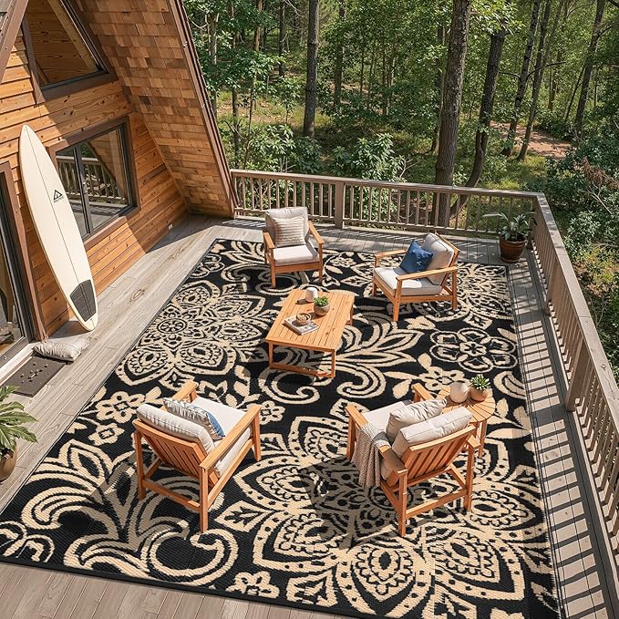 Findosom Waterproof Outdoor Rug 6' x 9' - Reversible Mandala Outdoor Plastic Straw Rug, Durable Foldable Patio Rug for RV, Deck, Balcony, Backyard, Picnic, Porch, Camping, Beach, Black