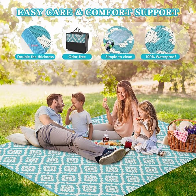 Wallona Outdoor Rugs 8x10 ft Patio Waterproof Clearance Indoor Outdoor Large Carpet for Patio Plastic Straw Reversible Area Rugs Mat for RV, Camping, Balcony, Beach, Picnic, Porch, Brick Teal & White