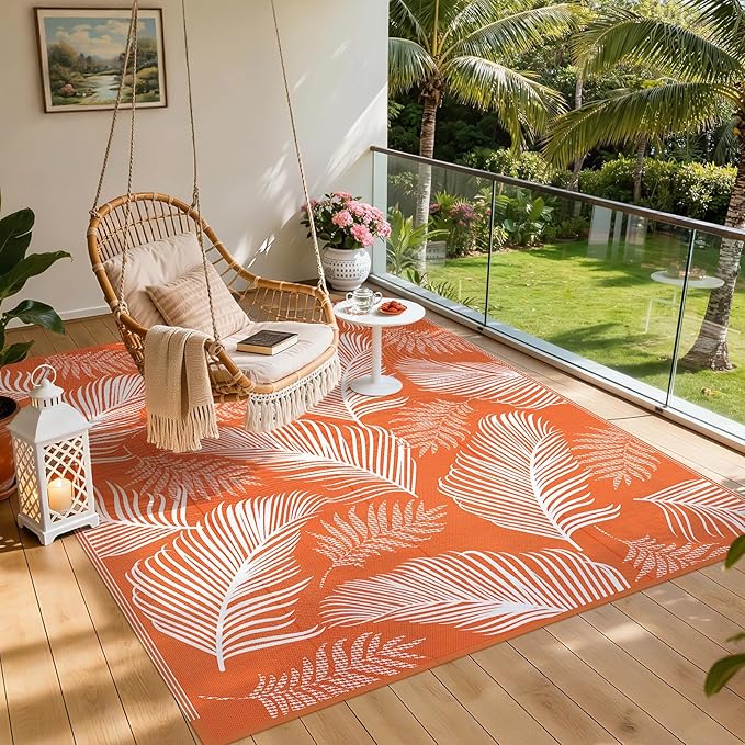 Pauwer Waterproof Outdoor Rug 9x12, Reversible Plastic Straw Patio Camping Rug, Indoor Outdoor RV Mat Carpet for Deck, Camper, Porch, Balcony, Backyard, Picnic, Leaf Orange