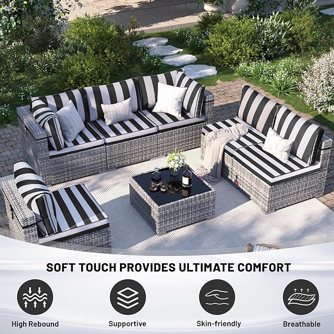 14 Piece Outdoor Sectional Cushions, Water-Resistant Outdoor Sofa Cushions Replacement, 4" High Density Foam Patio Furniture Cushions Fits 6-seat Rattan Conversation Set (Black White Stripes)
