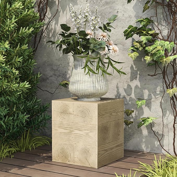 COSIEST Outdoor Side Table Faux Wood Patio End Table, Hand-Painted Wooden Plant Stand, Stool, Ottoman for Deck, Garden, Yard, Indoor