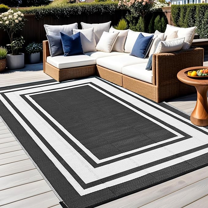 RURALITY Plastic Straw Outdoor Mats 5 ft by 8 ft for Patios Waterproof Rugs for Backyard,Porch,Deck,Balcony,Reversible,Black and White