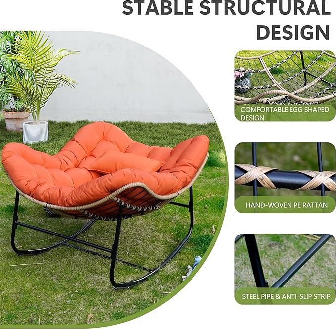 Papasan Rocking Chair, Oversized Papasan Chair with Cushion and Frame for Indoor& Outdoor, Deep Seat Egg-Shaped Rocker Chair for Garden, Deck, Living Room, Orange