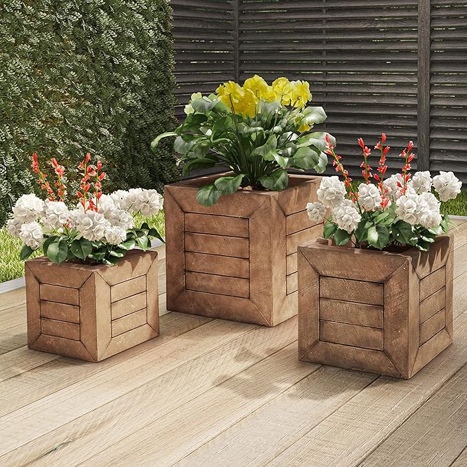 Pure Garden Plant Pots - Wood-Look Planter Set of 3-15.7”, 12.7” and 10” Square Large Outdoor Planters - Rustic Flower Pots Outdoor (Brown)