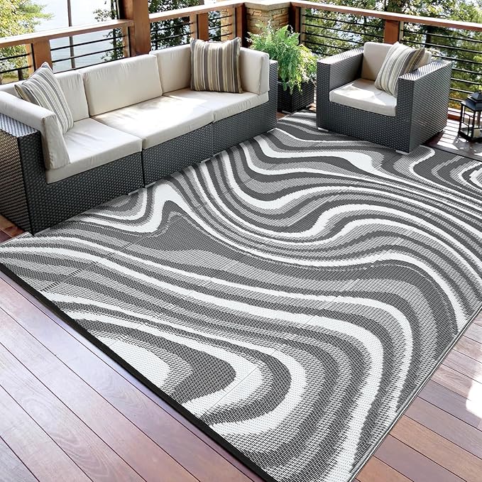 Patio Modern Abstarct Outdoor Rug 10x14 Waterproof Large Reversible Camping Mat Foldable Lightweight Plastic Straw Outdoor Rug for Deck, Picnic, Porch, Camper, Balcony, Beach, Rv，Black/Grey