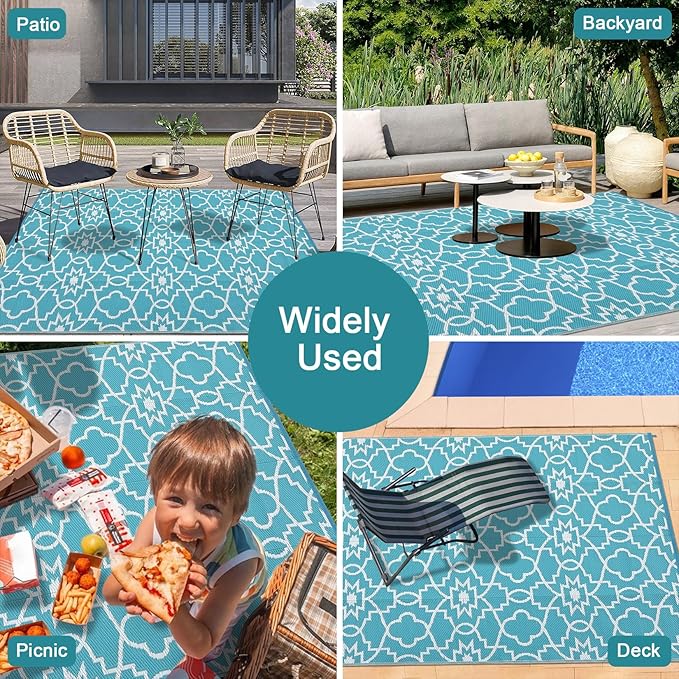 GAOMON Large Outdoor Camping Rug 9x18 Geometric Floral Reversible Outdoor Carpet, Foldable Modern Plastic Straw Patio Rug, Portable Outside Floor Mats for Porch, Beach, Balcony, Teal/White(Floral)
