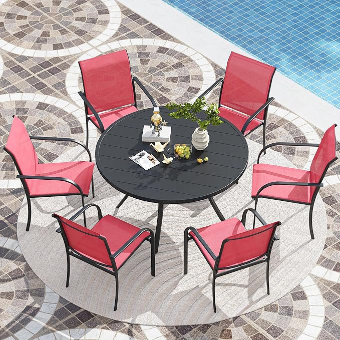 VICLLAX Patio Stackable Dining Chairs Set for 6, Outdoor Sling Chairs with Metal Frame for Front Porch Balcony Backyard Garden and Deck, Red