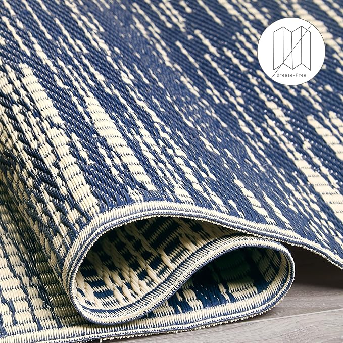 Fab Habitat Outdoor Rug - Waterproof, Fade Resistant, Crease-Free - Premium Recycled Plastic - Distressed Abstract Stripes - Large Patio, Deck, Sunroom, Camping, RV - Brooklyn - Blue - 6 x 9 ft