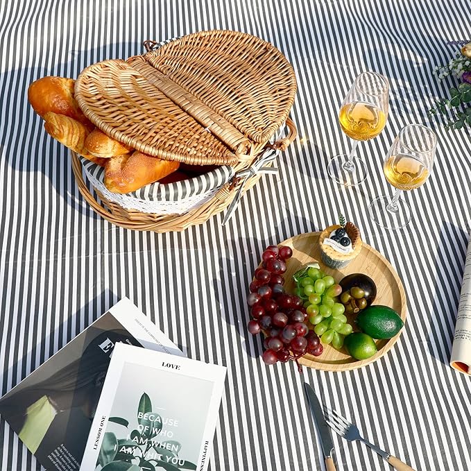 Picnic Basket with Blankets and Bamboo Plates Picnic Supplies Set Basket with Lid and Handle Wicker Picnic Basket Sturdy Woven Body with Washable Lining for Camping(Grey)