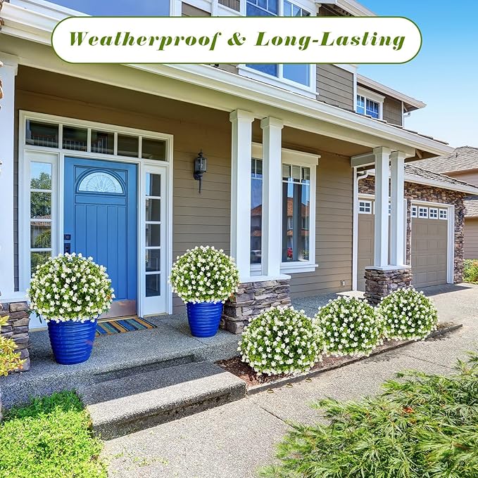 Yunlly 2 Pcs Outdoor Artificial Topiary Ball Trees 22" with Colorful Flowers, Boxwood Fake Bushes Shrubs with Spike, UV Resistant Evergreen Plants for Front Porch Garden Decor (White)
