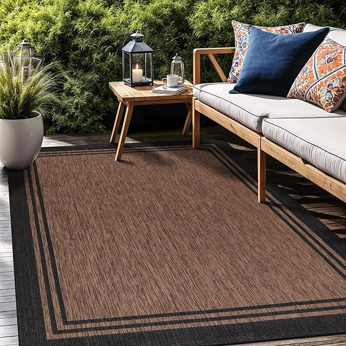 Bordered Outdoor Rug 8x10 Washable Outside Carpet for Indoor Patio Porch Waterproof Easy Cleaning Non Shedding Area Rugs Nut Brown 8 x 10