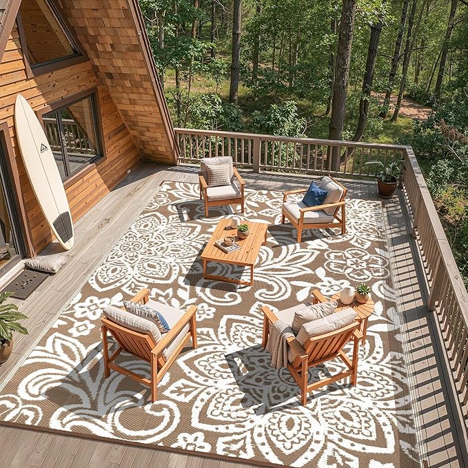 Findosom Waterproof Outdoor Rug 5' x 8' - Reversible Mandala Outdoor Plastic Straw Rug, Durable Foldable Patio Rug for RV, Deck, Balcony, Backyard, Picnic, Porch, Camping, Beach, Brown