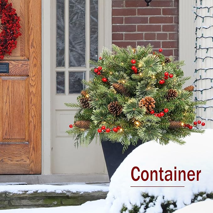 Christmas Planter Filler Tree Outdoor Prelit 2 Pack, 24" Urn Fillers for Porch Planters Pathway Battery Operated Light Red Berry Pine Cone, Xmas Greenery Outside Decorations