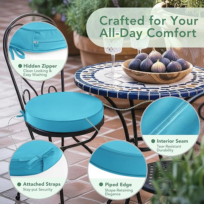 Outdoor Bistro Chair Cushions Set of 2, 15" D x 3" H Round Chair Cushions Waterproof and Fade Resistant Chair Cushion Pads with Non-Slip Ties and Removable Covers for Garden, Teal