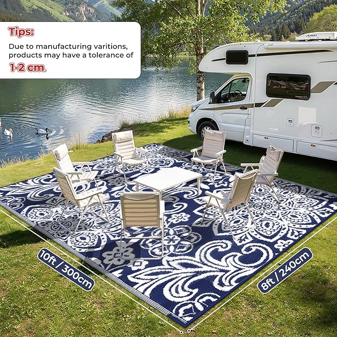 Findosom Waterproof Outdoor Rug 8' x 10' - Reversible Mandala Outdoor Plastic Straw Rug, Durable Foldable Patio Rug for RV, Deck, Balcony, Backyard, Picnic, Porch, Camping, Beach, Navy