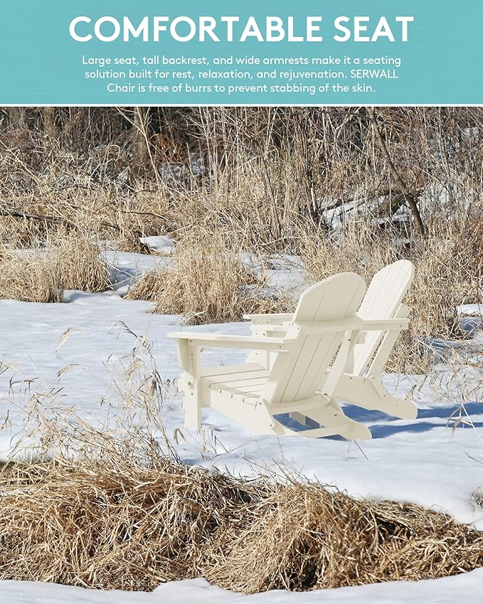 SERWALL Folding Adirondack Chair - HIPS Adirondack Chairs Outdoor Chairs Weather Resistant Fire Pit Chairs- White
