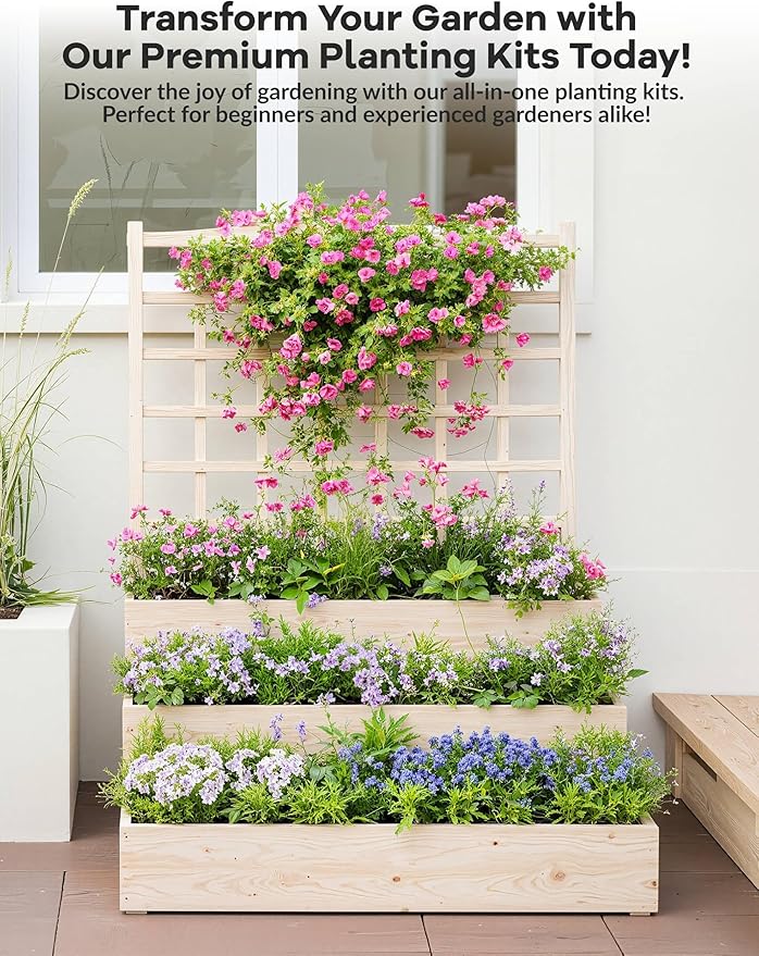 3-Tier Vertical Raised Garden Bed with Trellis – Climbing Plants, Veggies & Herbs In Limited Space | Wooden Planter Box with Open Base for Superior Drainage | Ideal for Patios, Decks & Small Yards