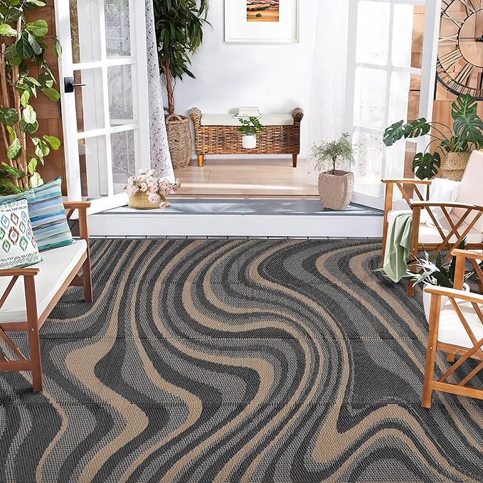 9x12 Outdoor Rug Waterproof Foldable Plastic Straw Carpet for Patio Porch Modern Abstarct Reversible Mat Lightweight Floor Mat for Picnic, Beach, Deck, Camper, Balcony，Black/Gray/Brown