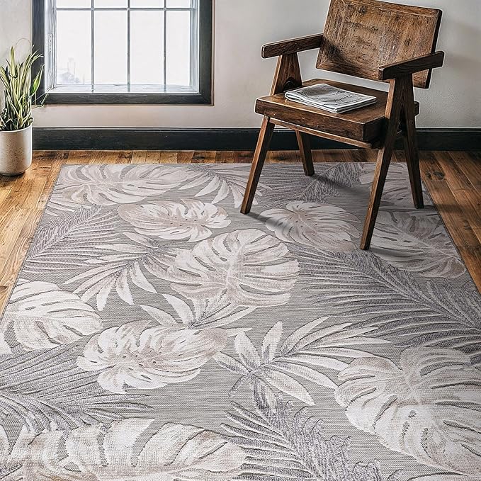 CAMILSON Indoor Outdoor Rug, Beige 4x6 Leaf Tropical Botanical Area Rugs for Indoor and Outdoor patios, Easy-Cleaning Non-Shedding Living Room, Garden and Kitchen Washable Outside Carpet (4 x 6)