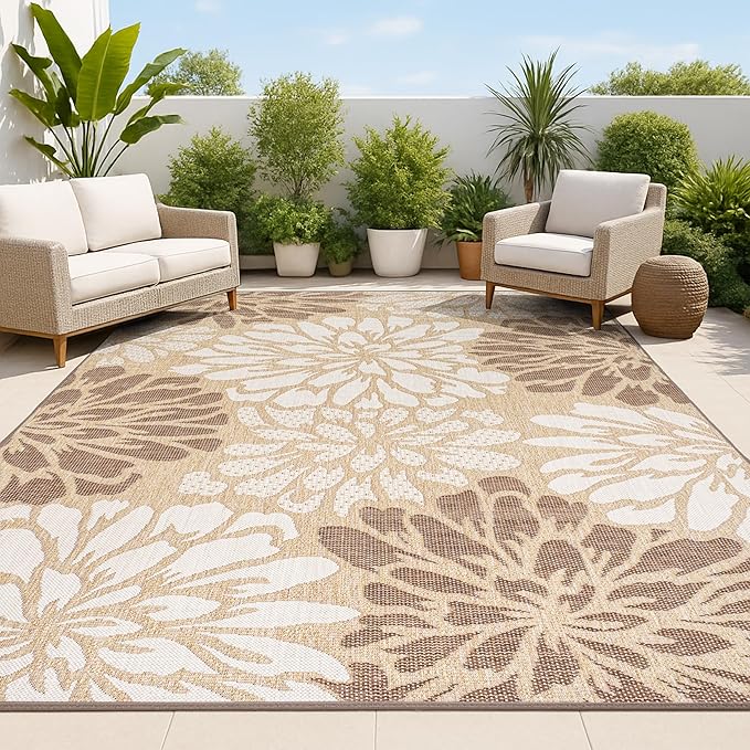 JONATHAN Y Floral Textured Weave Indoor Outdoor Area Rug 8X10 Brown/Cream, Zinnia Modern for Backyard, Patio, Porch, Easy-Cleaning, High Traffic, Pet-Friendly, Non-Shedding (SMB110I-8)