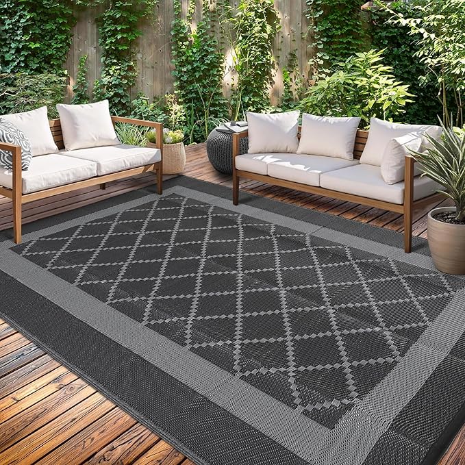 Waterproof Outdoor Rug 8x10 Reversible Plastic Straw Rug Modern Geometric Large Floor Carpet Lightweight Foldable Camping Mat for Outdoors RV Patio Backyard Picnic Black/Grey